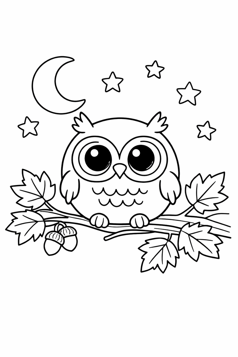 A round owl with big eyes sitting on a branch with autumn leaves, under a crescent moon and stars coloring page