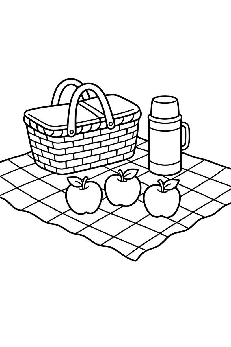 A checked picnic blanket spread flat with a wicker basket a thermos and three apples coloring page