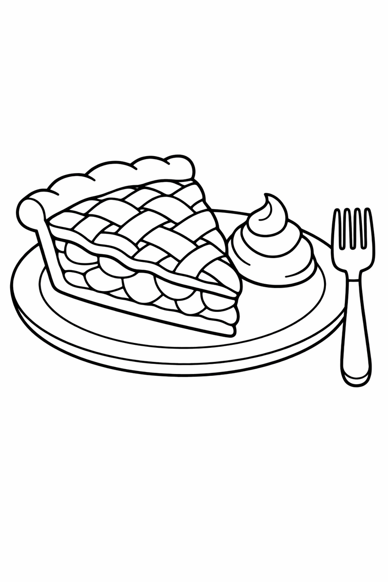 A thick slice of lattice topped pie on a plate with a swirl of cream and a fork beside it coloring page