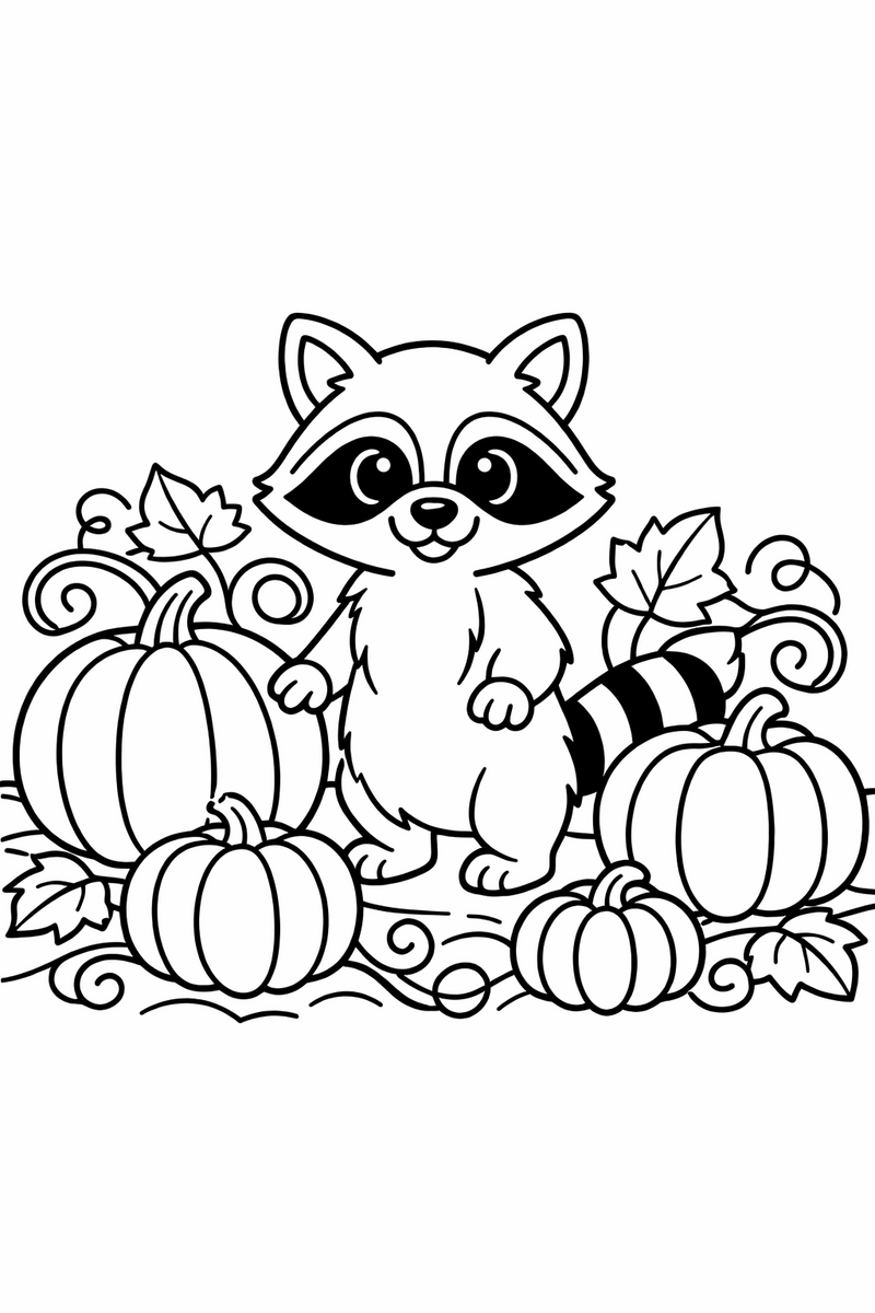 A curious raccoon standing among four round pumpkins of different sizes in a patch with curling vines coloring page