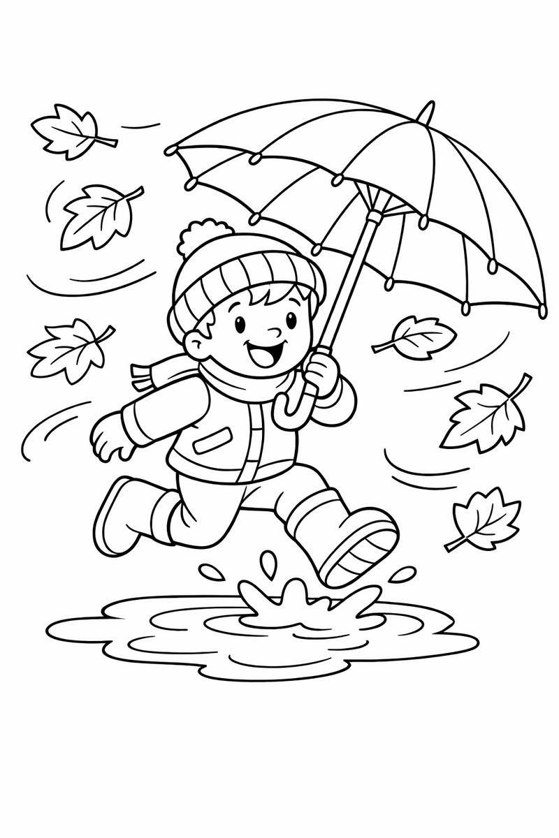A child in rubber boots holding a big umbrella, jumping over a puddle while autumn leaves swirl in the wind coloring page