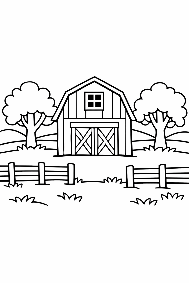 A barn with a peaked roof and wide doors standing in a field with a fence and two trees coloring page