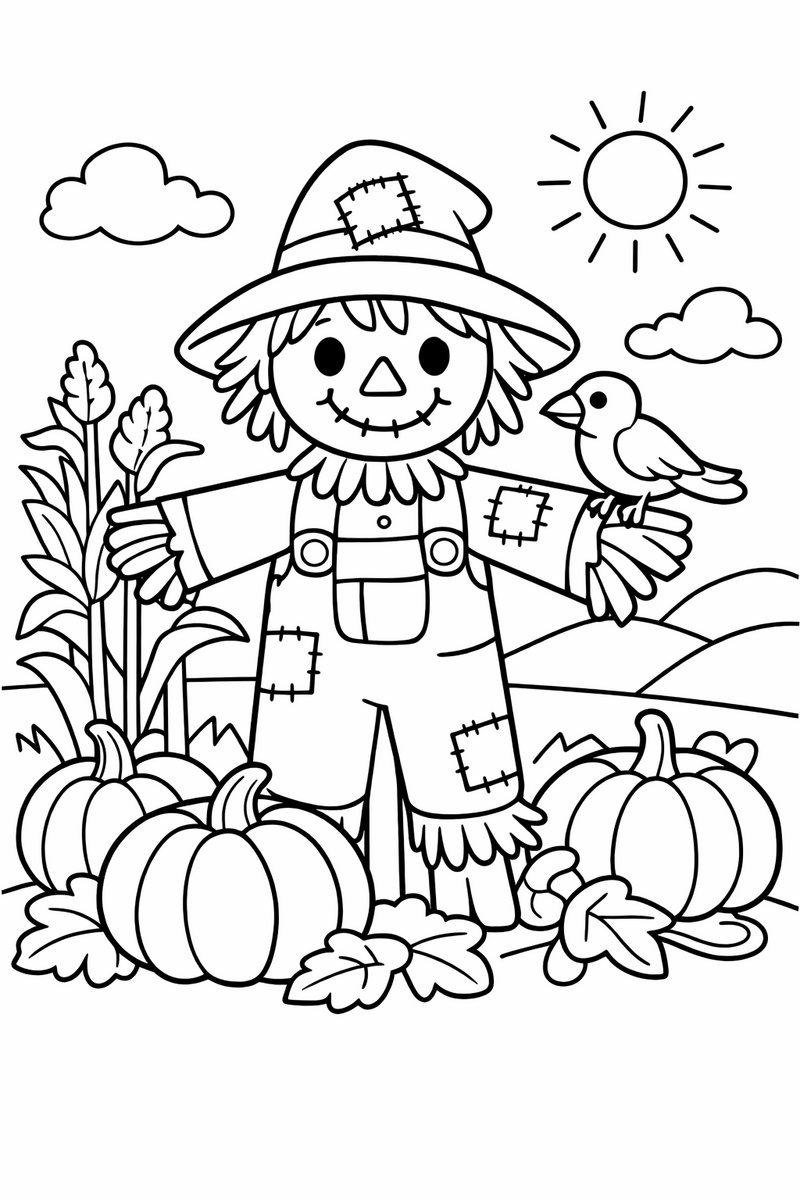 A friendly scarecrow with a floppy hat and patched clothes standing in a field with pumpkins and a small crow on its arm coloring page