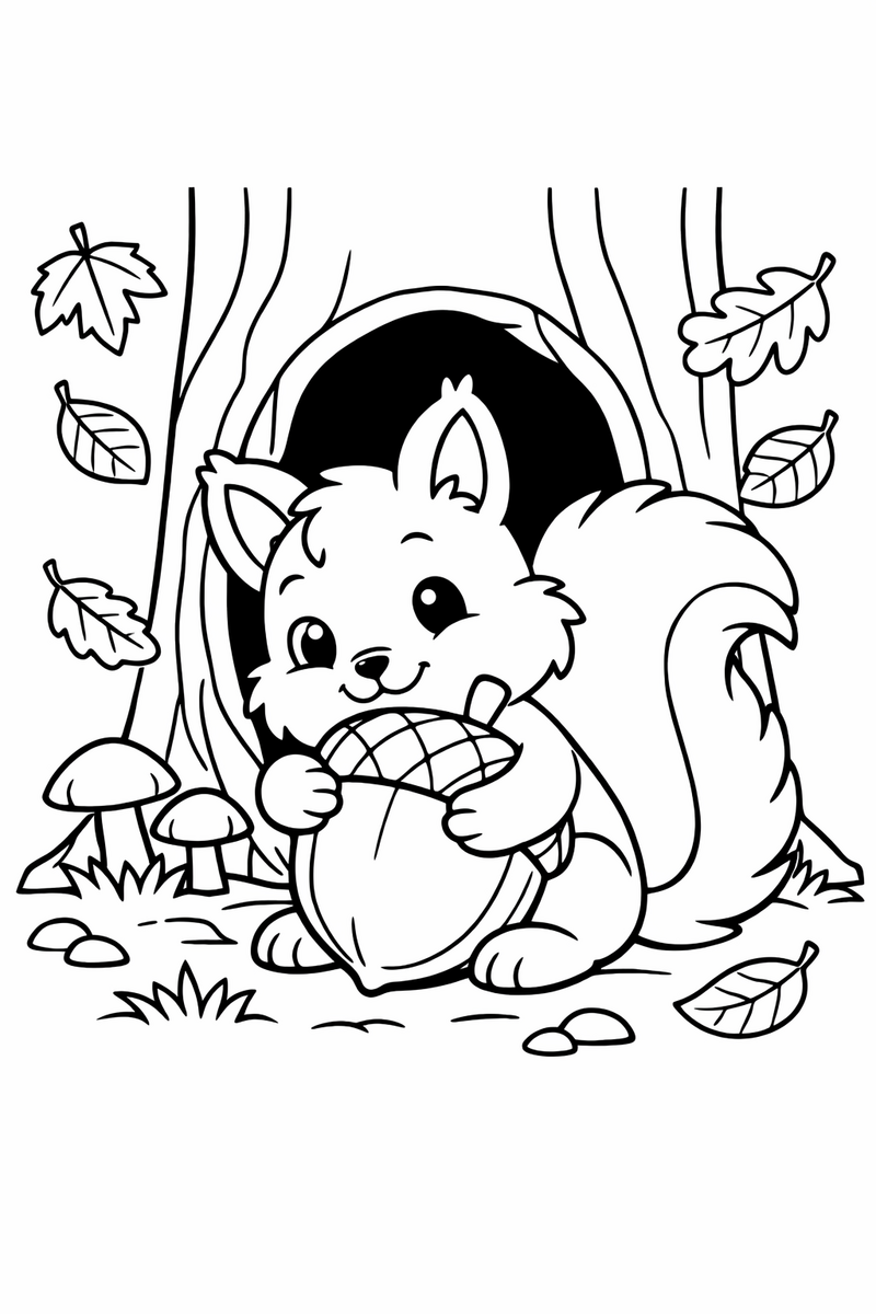 A bushy-tailed squirrel hugging a big acorn in front of a tree hollow, with autumn leaves drifting down coloring page