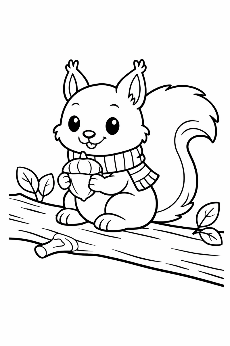 A squirrel wearing a short striped scarf sitting on a thick branch holding a nut in both paws coloring page