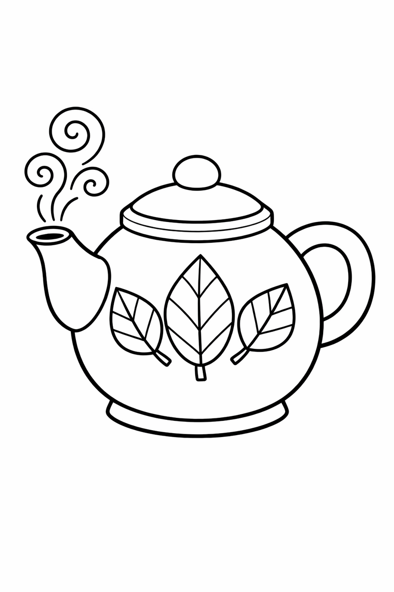 A round teapot decorated with leaf shapes on its belly with steam curling from the spout coloring page