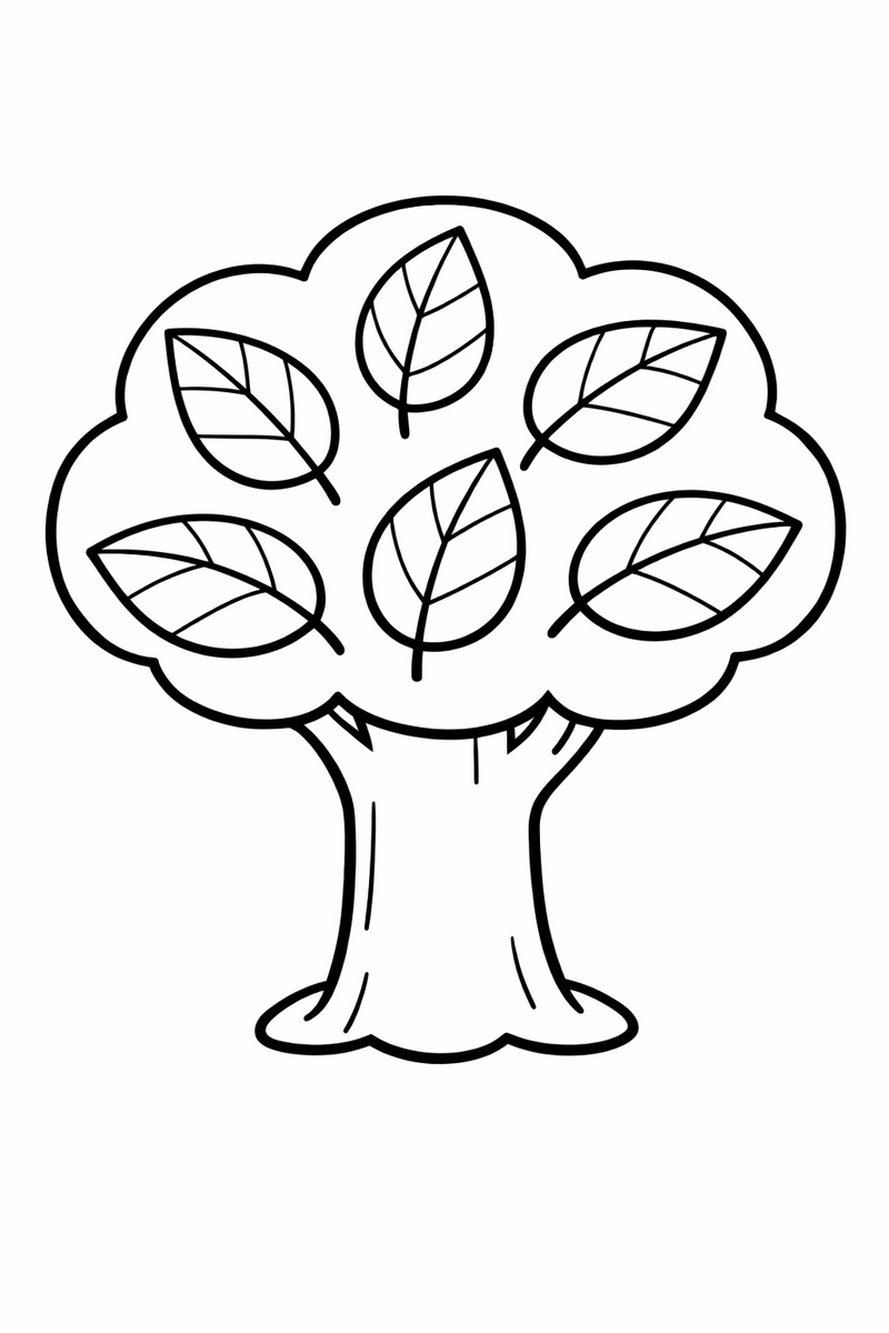 A very simple tree with a wide trunk and one round canopy holding six large leaves in thick outlines coloring page