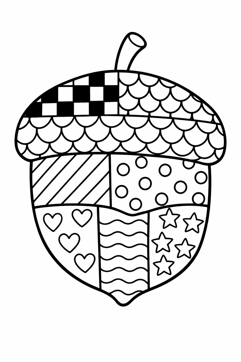 One large acorn divided into sections each filled with a different simple repeating pattern coloring page