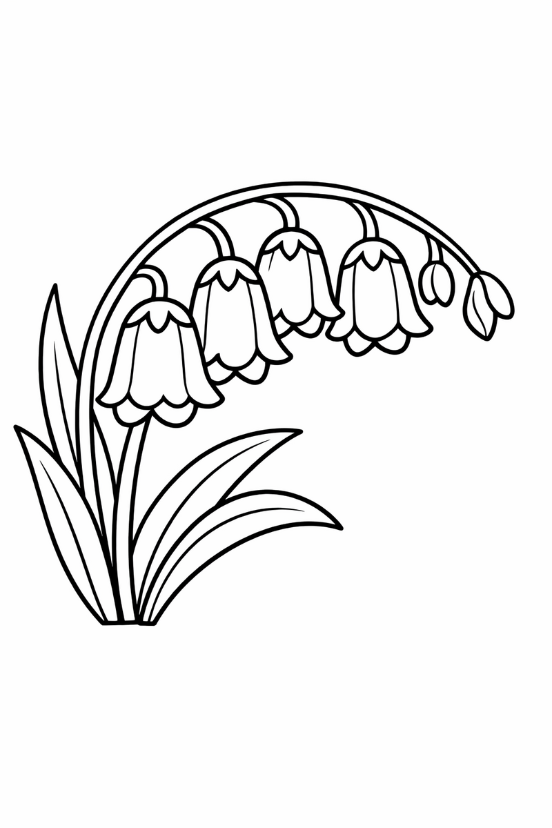 A cluster of bell-shaped bluebells dangling from one arching stalk and nodding toward the ground coloring page