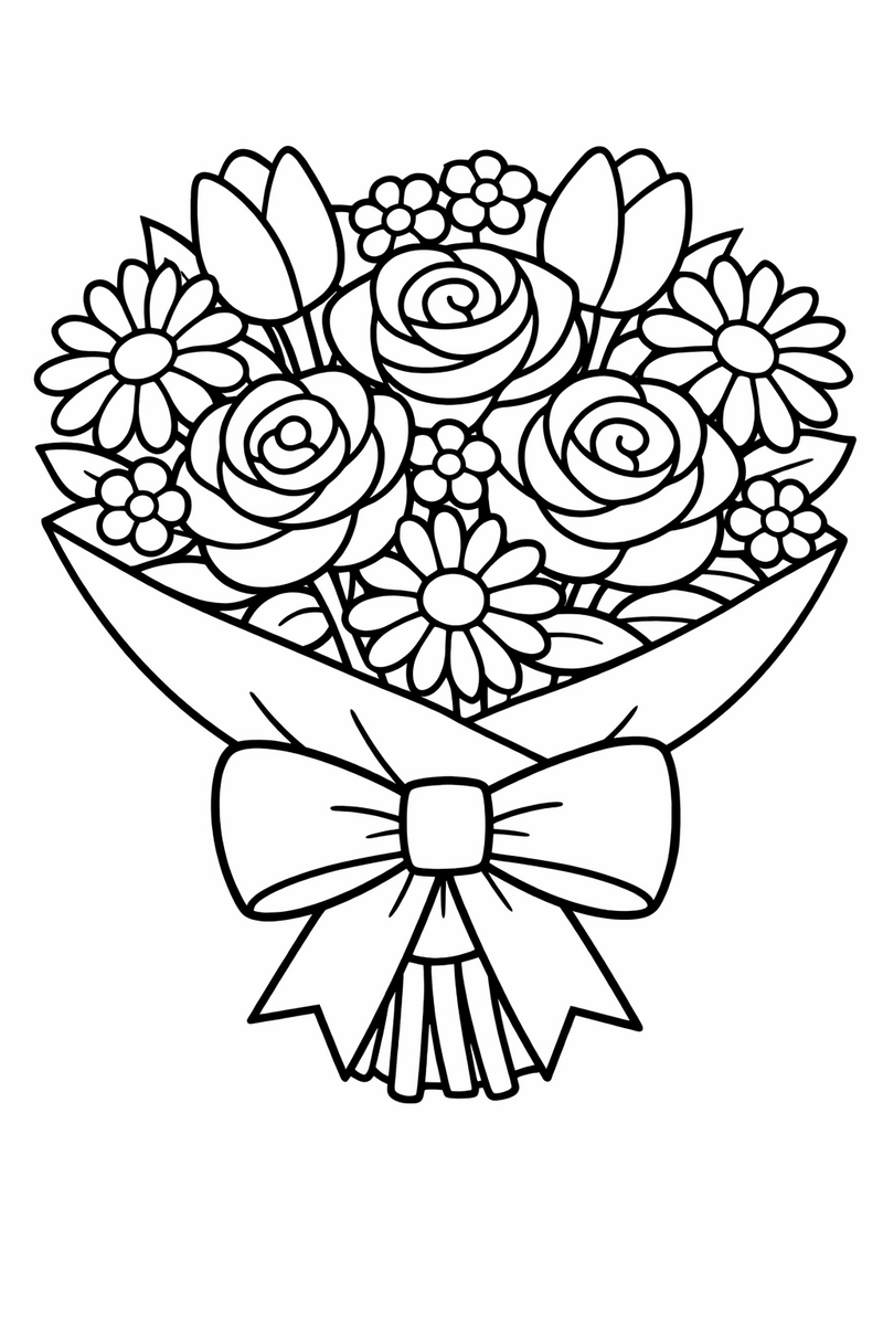 A round hand-tied bouquet of roses, daisies and tulips wrapped in paper with a big looping ribbon bow coloring page