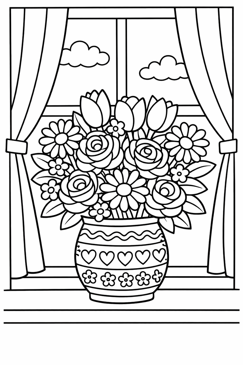 A bouquet of mixed flowers with roses, daisies and tulips in a decorated vase sitting on a windowsill coloring page