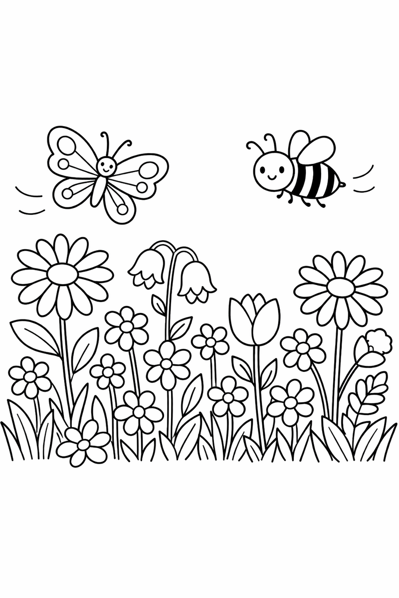 A meadow of wildflowers of different shapes and sizes with a butterfly and a bee flying above them coloring page