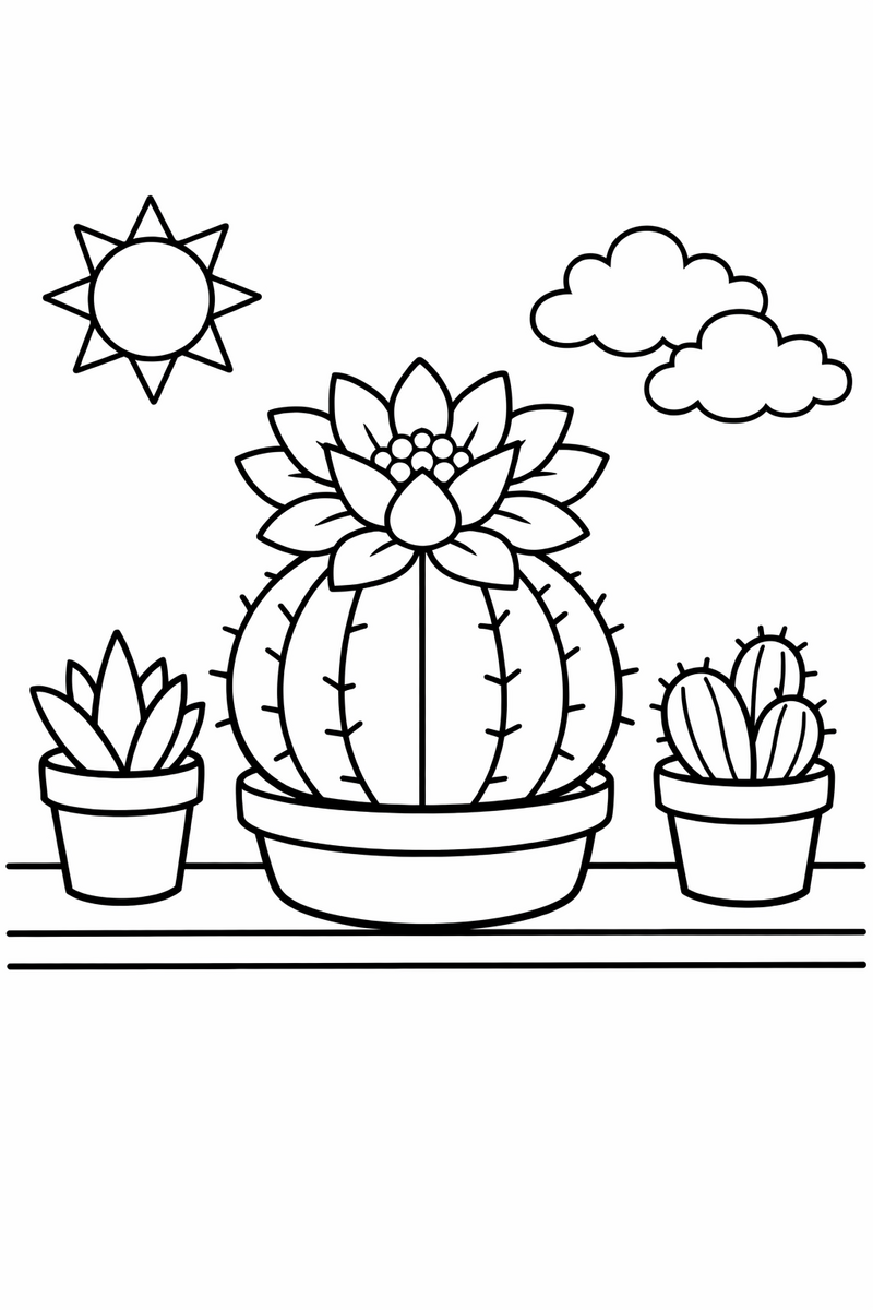 A round potted cactus with a big blooming flower on top, next to two smaller potted plants on a sunny shelf coloring page