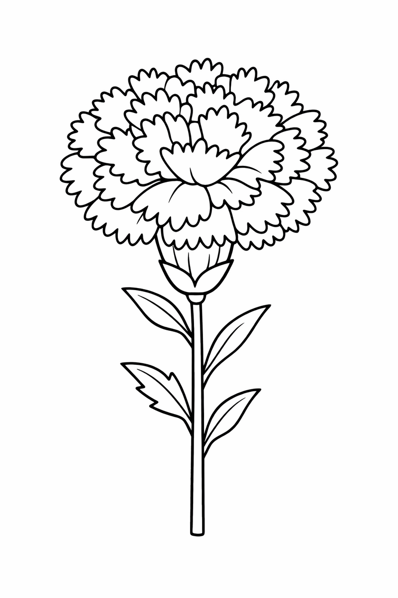 A frilly carnation gathering its fringed petals into a rounded pom on a slim notched stem coloring page