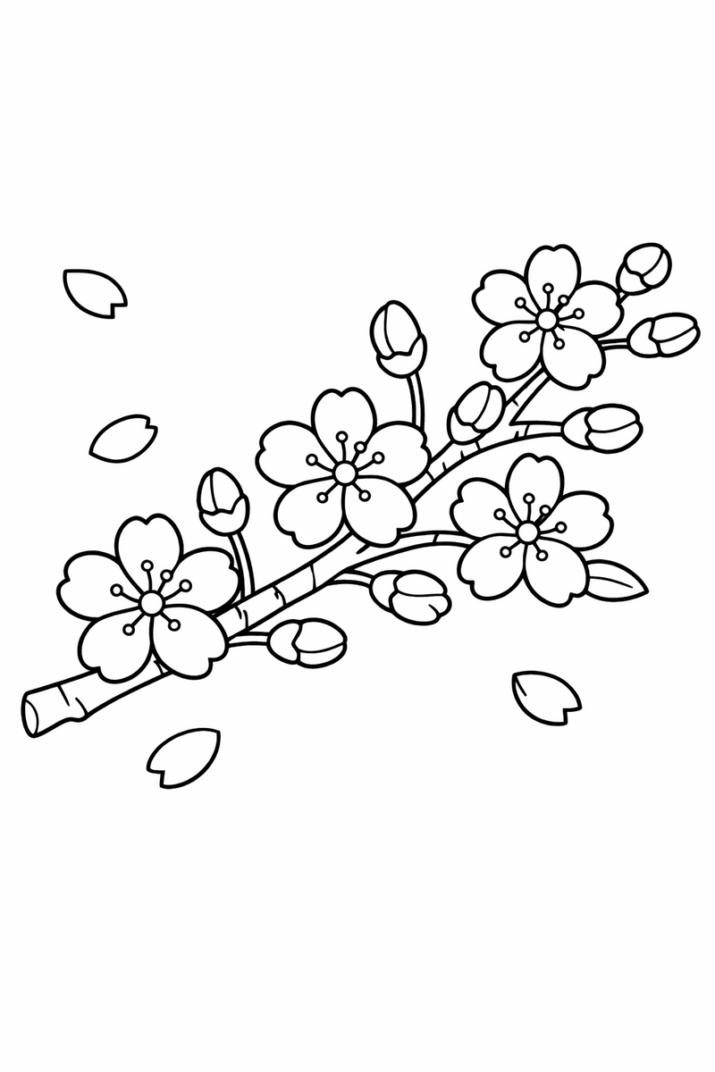 A slender cherry branch dotted with five-petal blossoms and tight buds with a few loose petals drifting coloring page