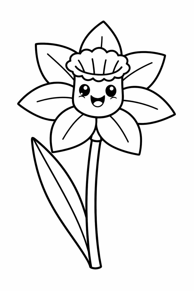 A cheerful daffodil lifting its trumpet from a ring of pointed petals on a tall stem with a leaf blade coloring page