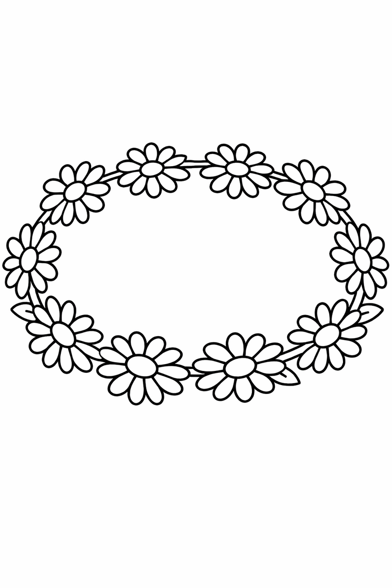 A looping chain of linked daisies forming a circle like a little crown joined stem to stem coloring page