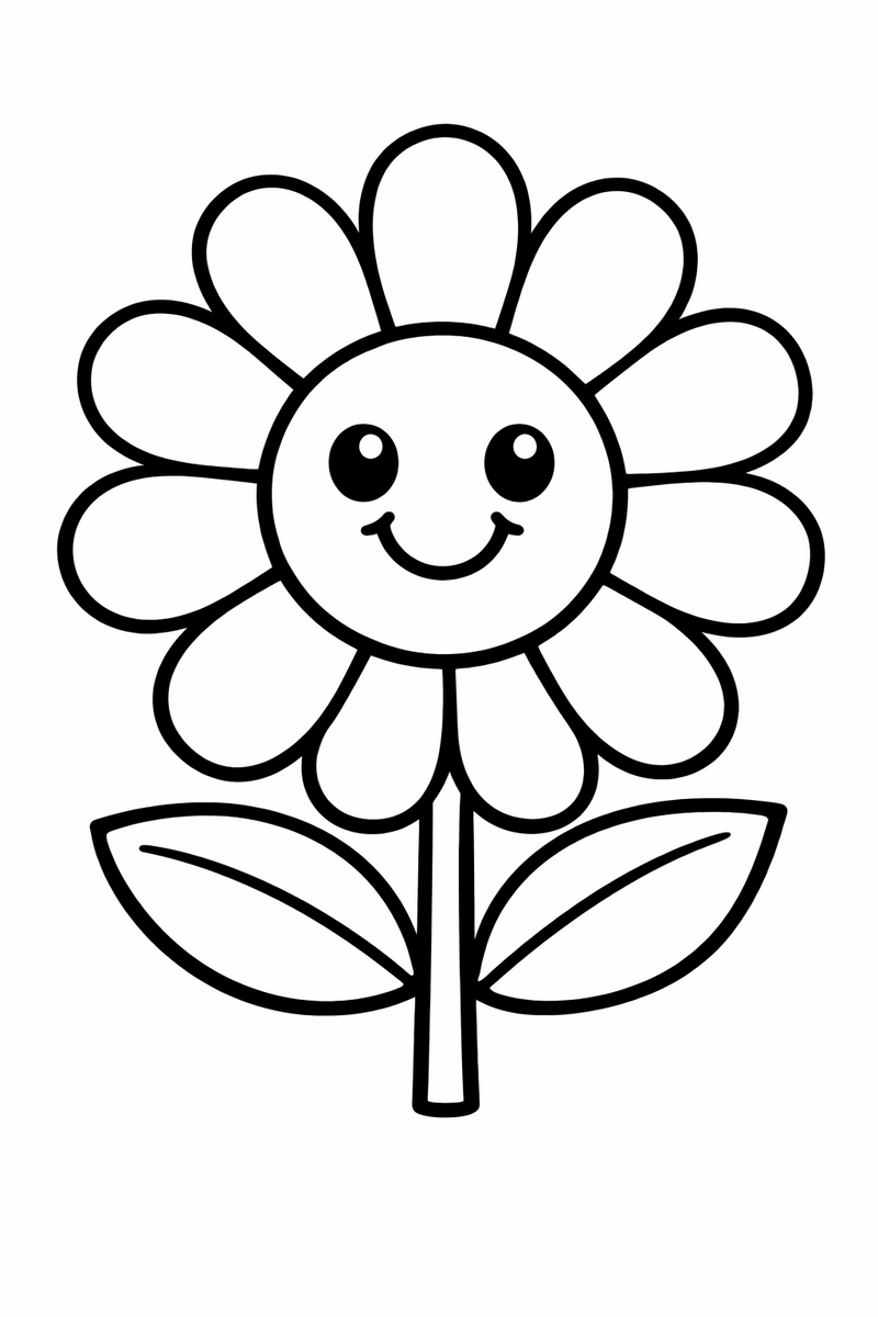 A very simple big daisy with large round petals, a happy face in its center and two leaves, extra thick lines, easy for toddlers coloring page