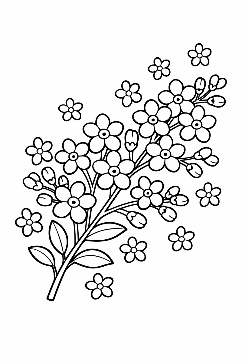 A dainty spray of forget-me-nots scattering tiny five-petal flowers along thin branching stems coloring page