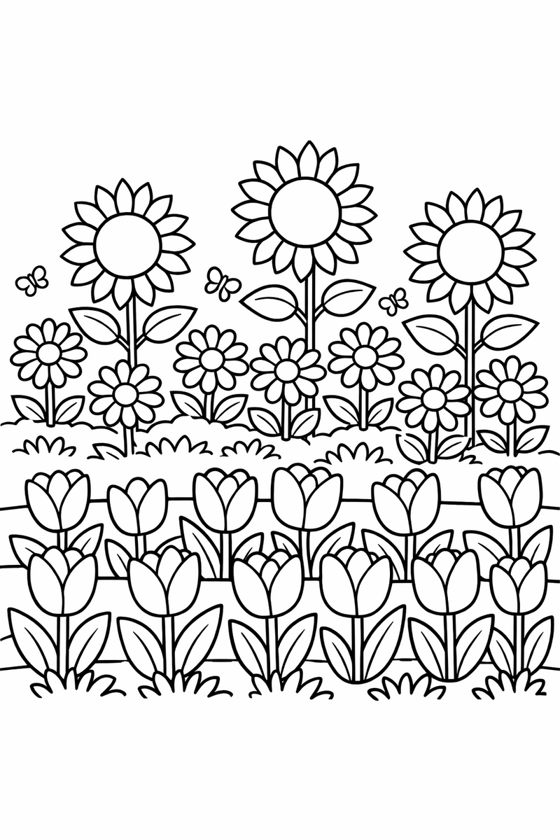 A whole flower garden with rows of tulips, daisies and sunflowers of different heights swaying together coloring page