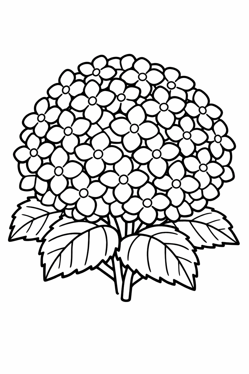 A rounded hydrangea head clustering dozens of small four-petal florets into one big ball over leaves coloring page
