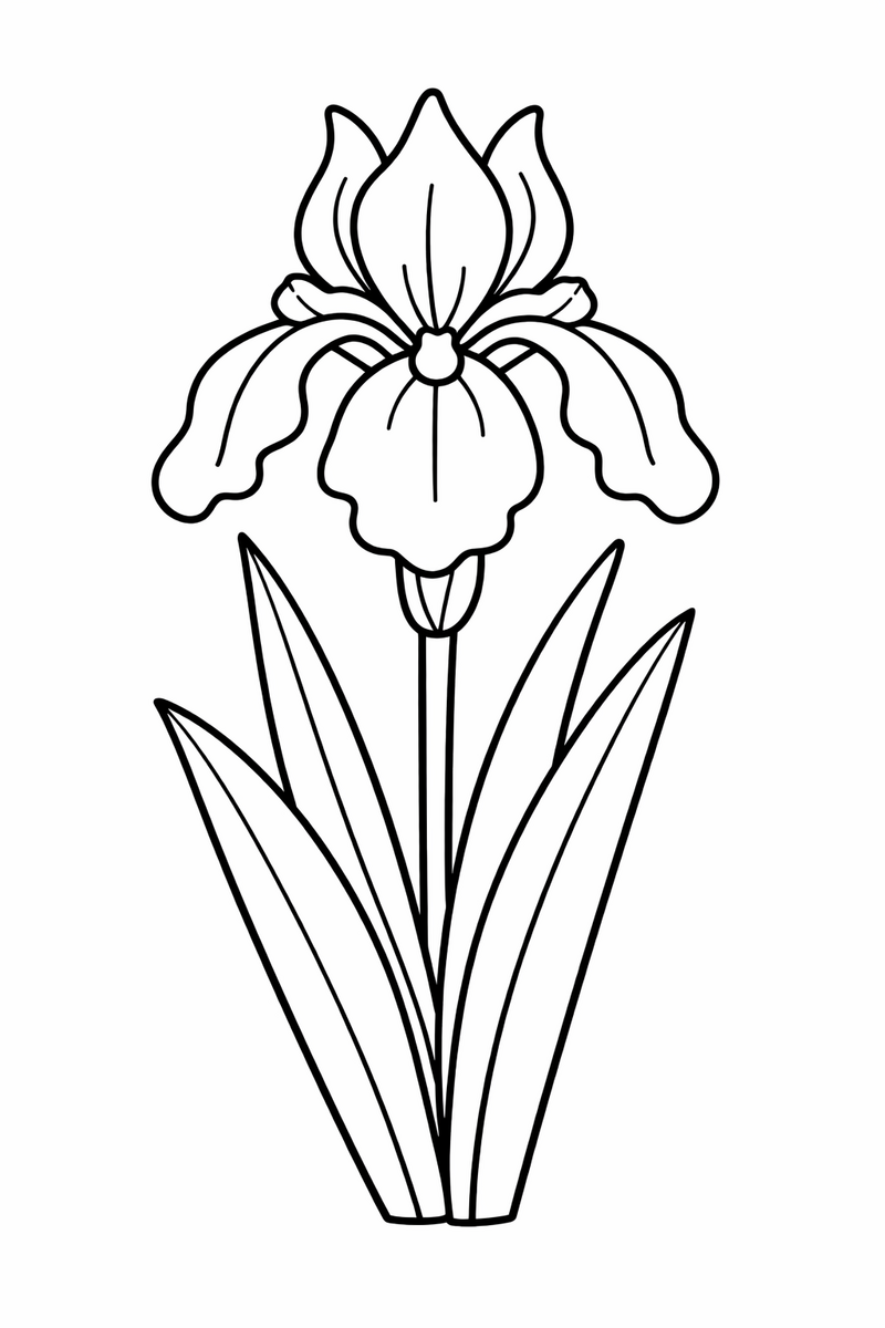 A graceful iris draping three petals down and lifting three up on an upright stem with sword-shaped leaves coloring page