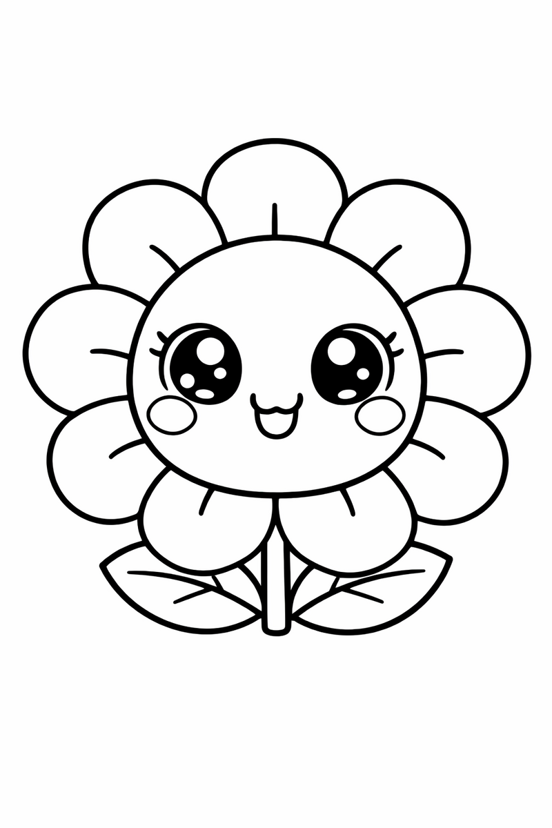 A round smiling flower with big sparkly eyes and rosy cheeks peeking out from chunky petals kawaii style coloring page