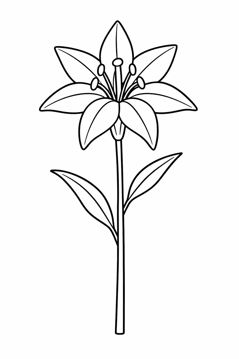 A single tall lily with six pointed petals on a slender stem and long curling stamens coloring page