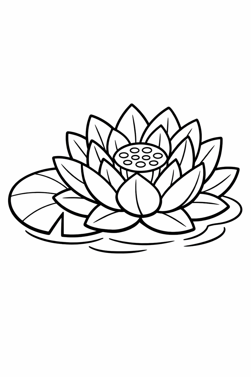 An open lotus resting on the water with pointed layered petals cupping a seed-pod center and a lily pad coloring page