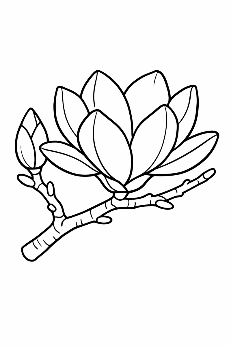 A large magnolia opening its smooth cupped petals wide on a bare woody branch with a closed bud coloring page