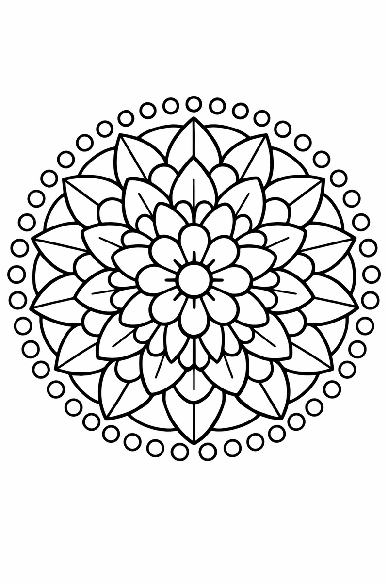 A round flower mandala layering rings of petals, leaves and dots outward from one central blossom coloring page