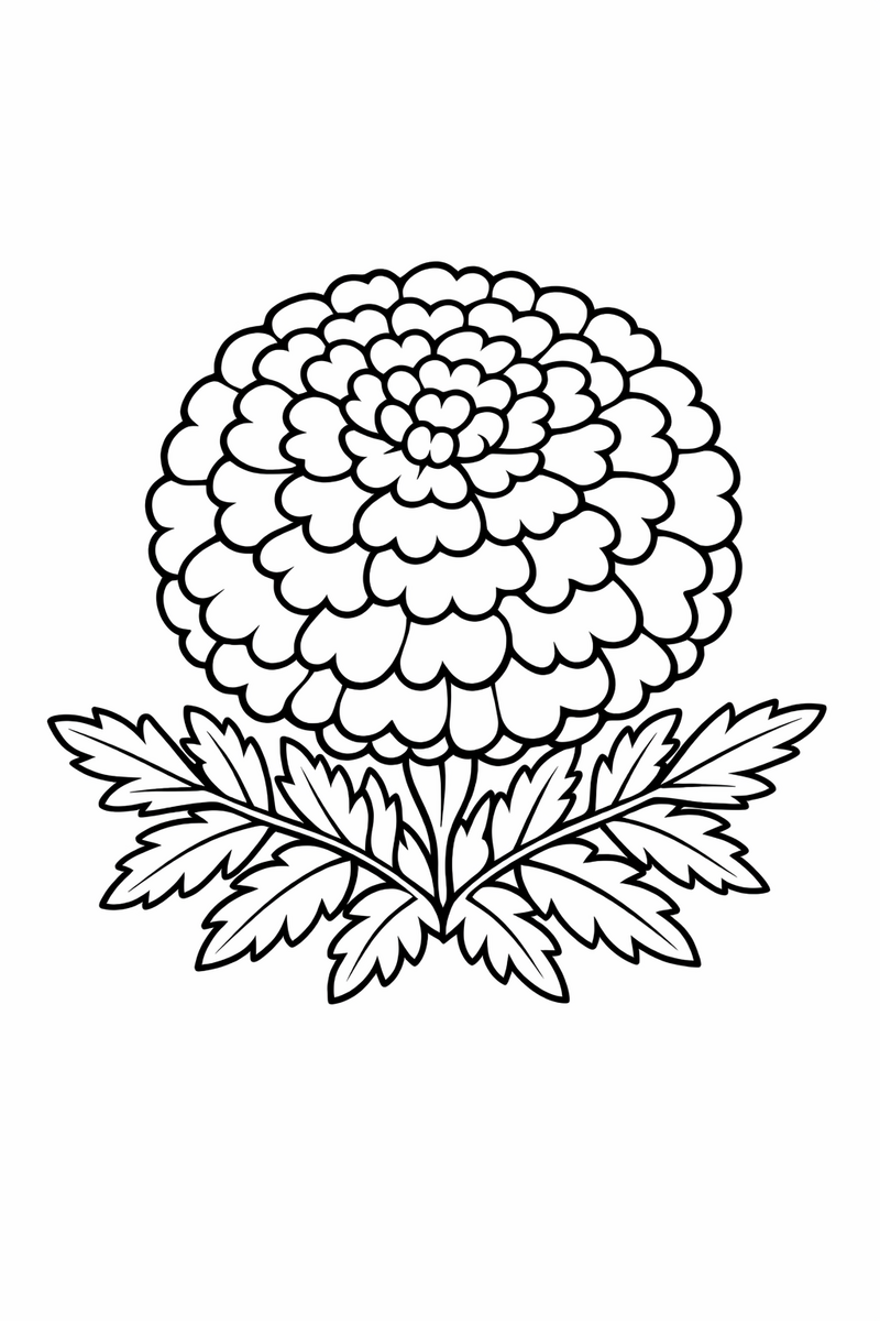 A round marigold packed with tight ruffled petals in dense rings above feathery serrated leaves coloring page