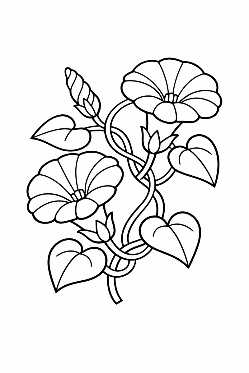 A twining morning glory vine carrying two trumpet blooms and a spiral bud with heart-shaped leaves coloring page