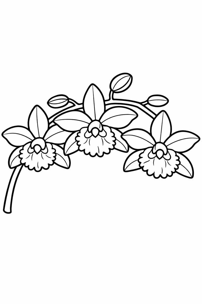 An arching orchid branch with three showy blooms with broad wing petals and a frilled lip coloring page