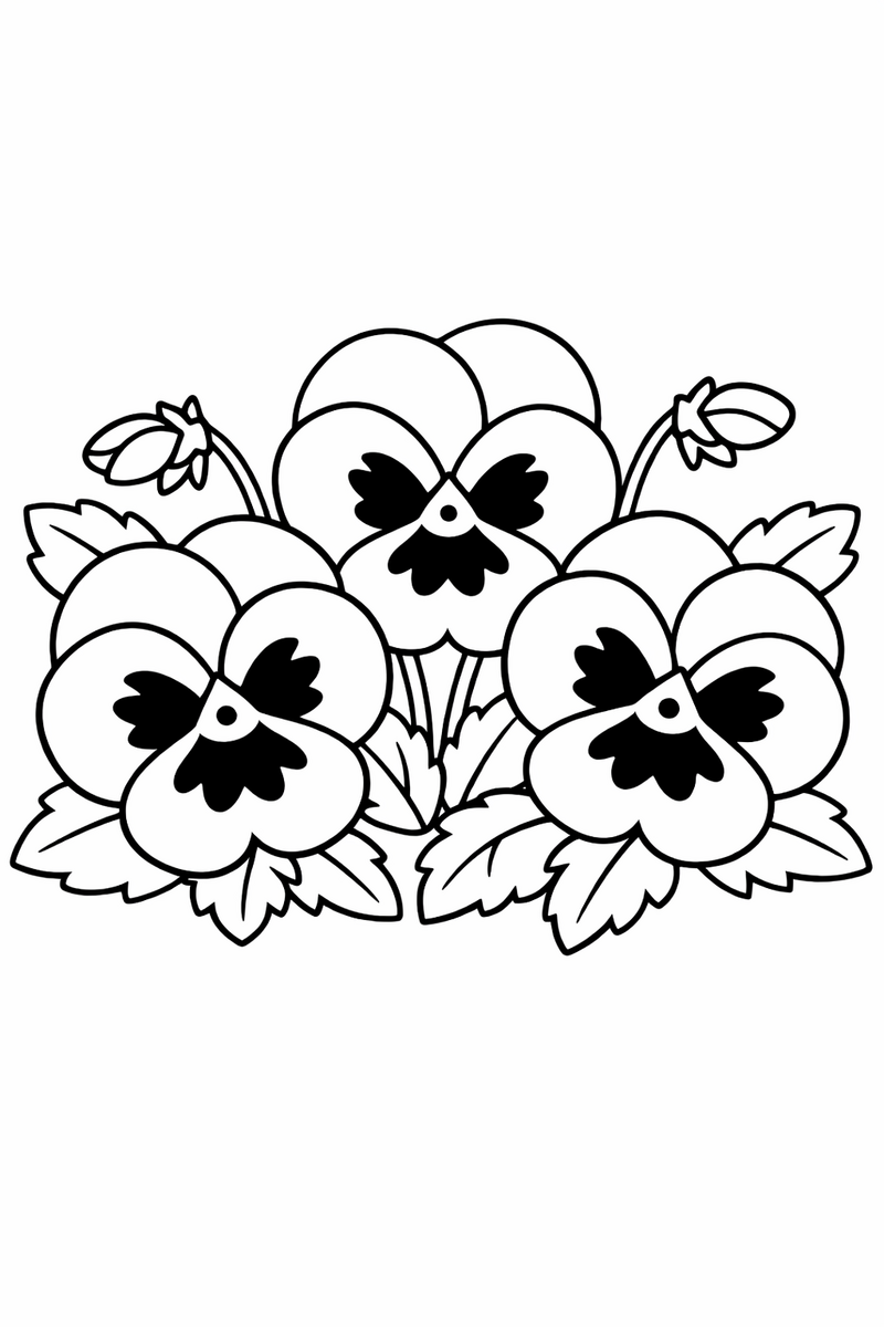 Three pansies turning their flat five-petal faces to the front with dark markings like little smiles coloring page