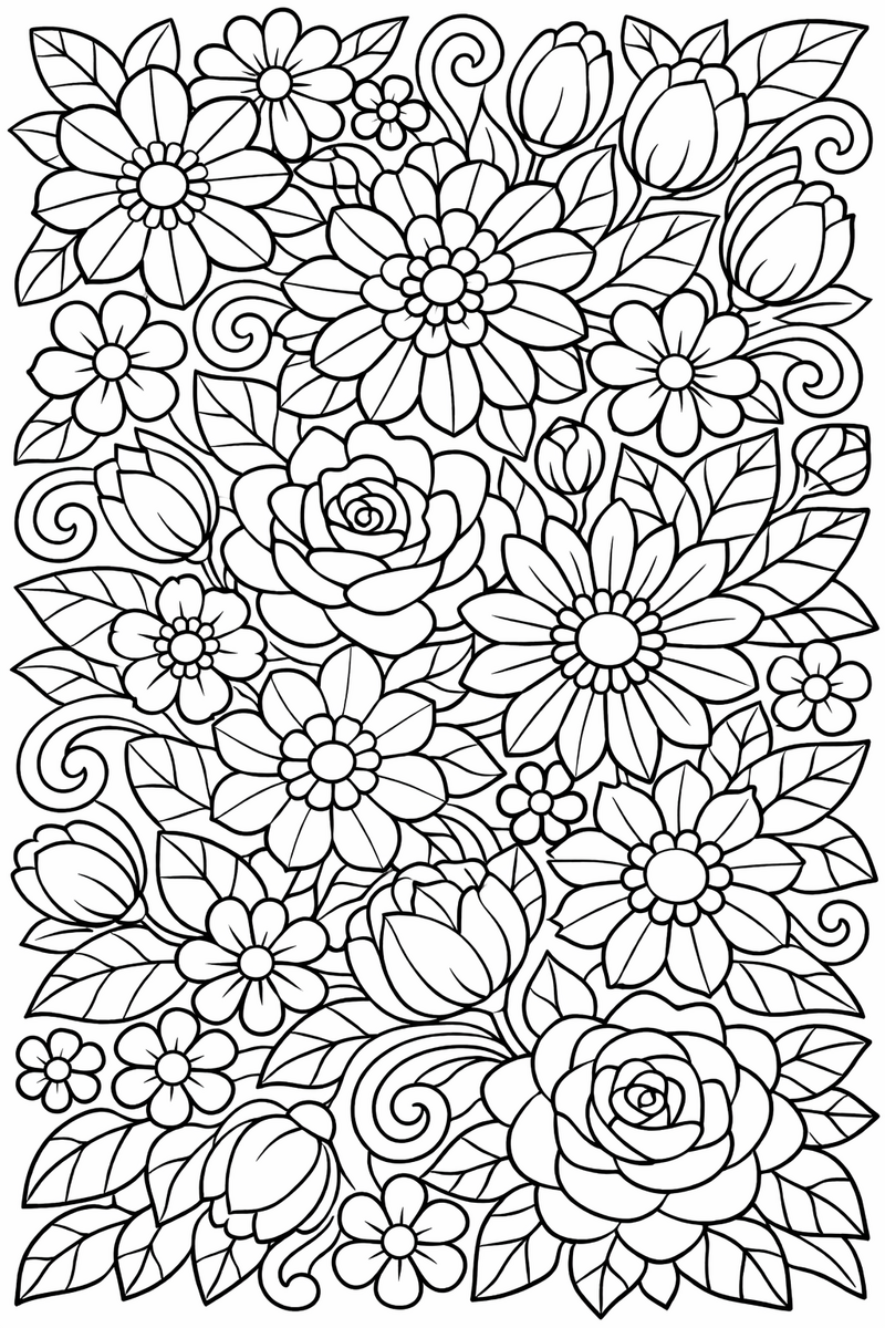 An intricate floral pattern of detailed blossoms, buds and curling leaves filling the whole page, for older colorists coloring page