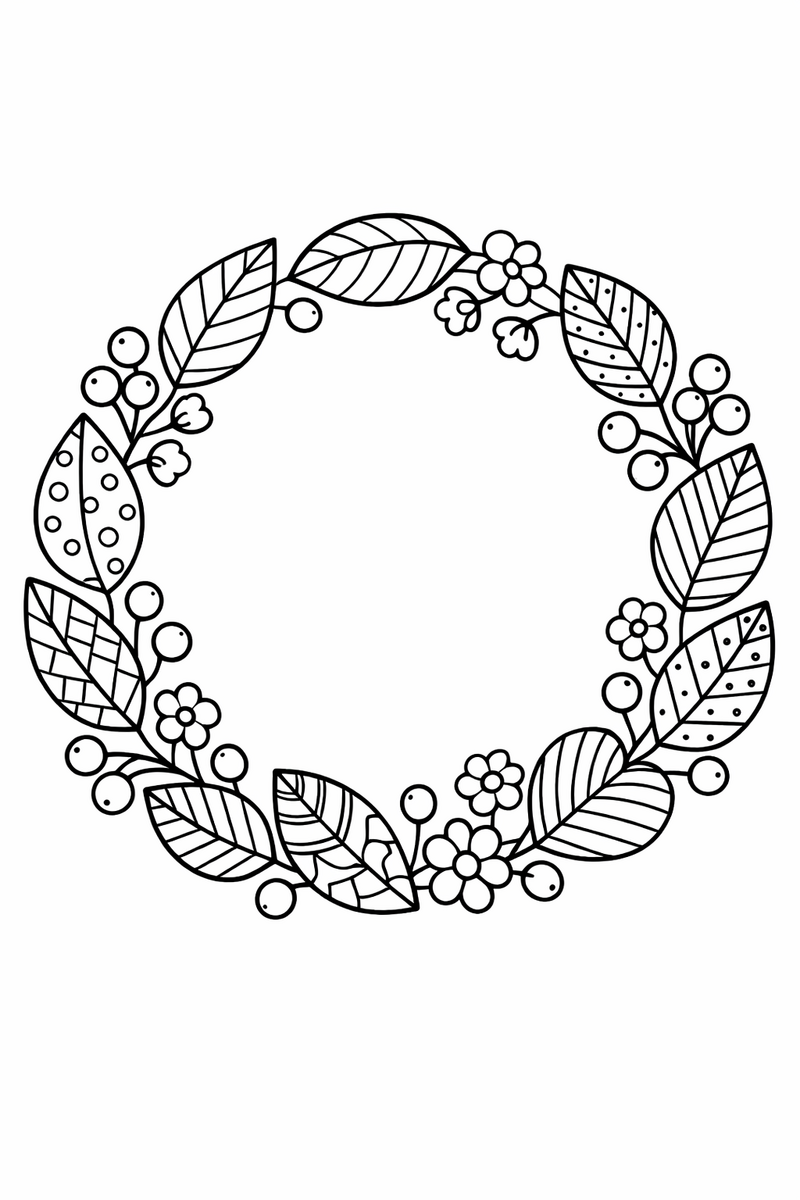 A full circular wreath of leaves, berries and small blossoms joined stem to stem, every leaf carrying its own pattern of veins, dots or stripes inside coloring page