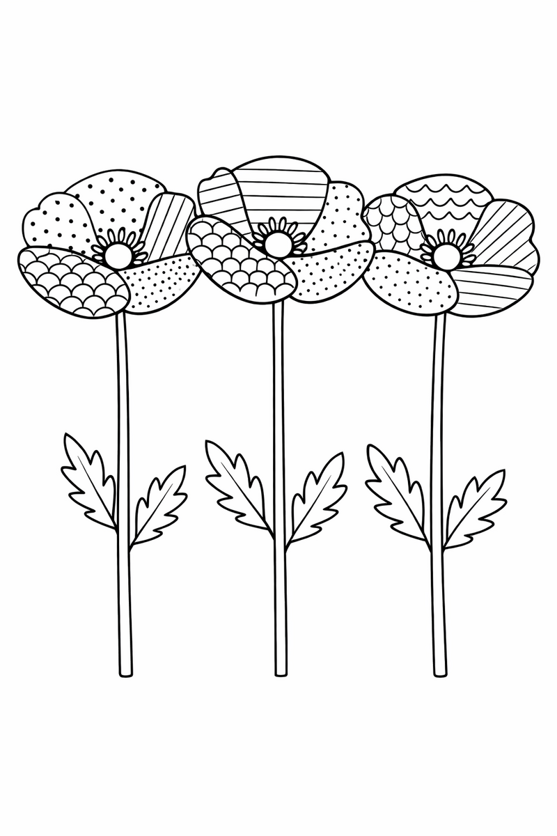 Three tall poppies standing side by side on slender stems, every petal filled with a different fine pattern of dots, stripes and scallops coloring page