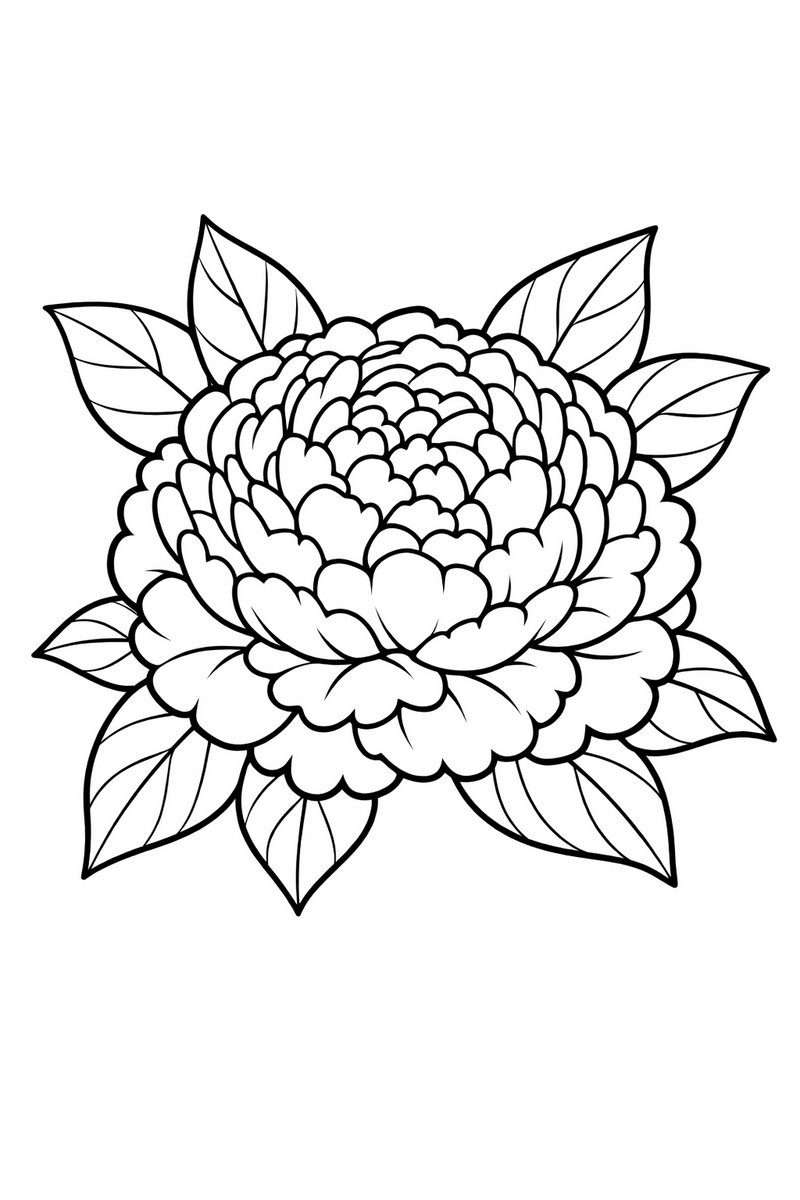 A lush peony packing dozens of layered ruffled petals into one round bloom framed by broad leaves coloring page