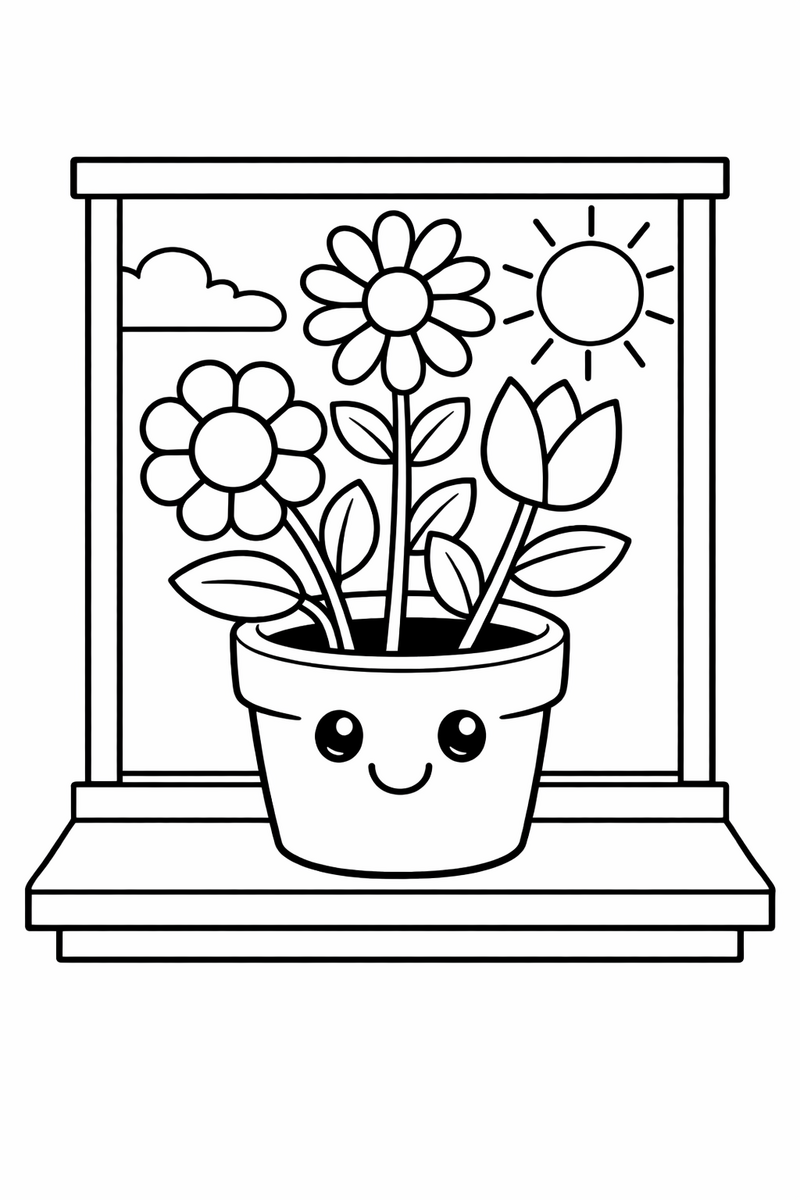 A cheerful potted plant with three blooms and leafy stems sitting on a windowsill in a clay pot coloring page