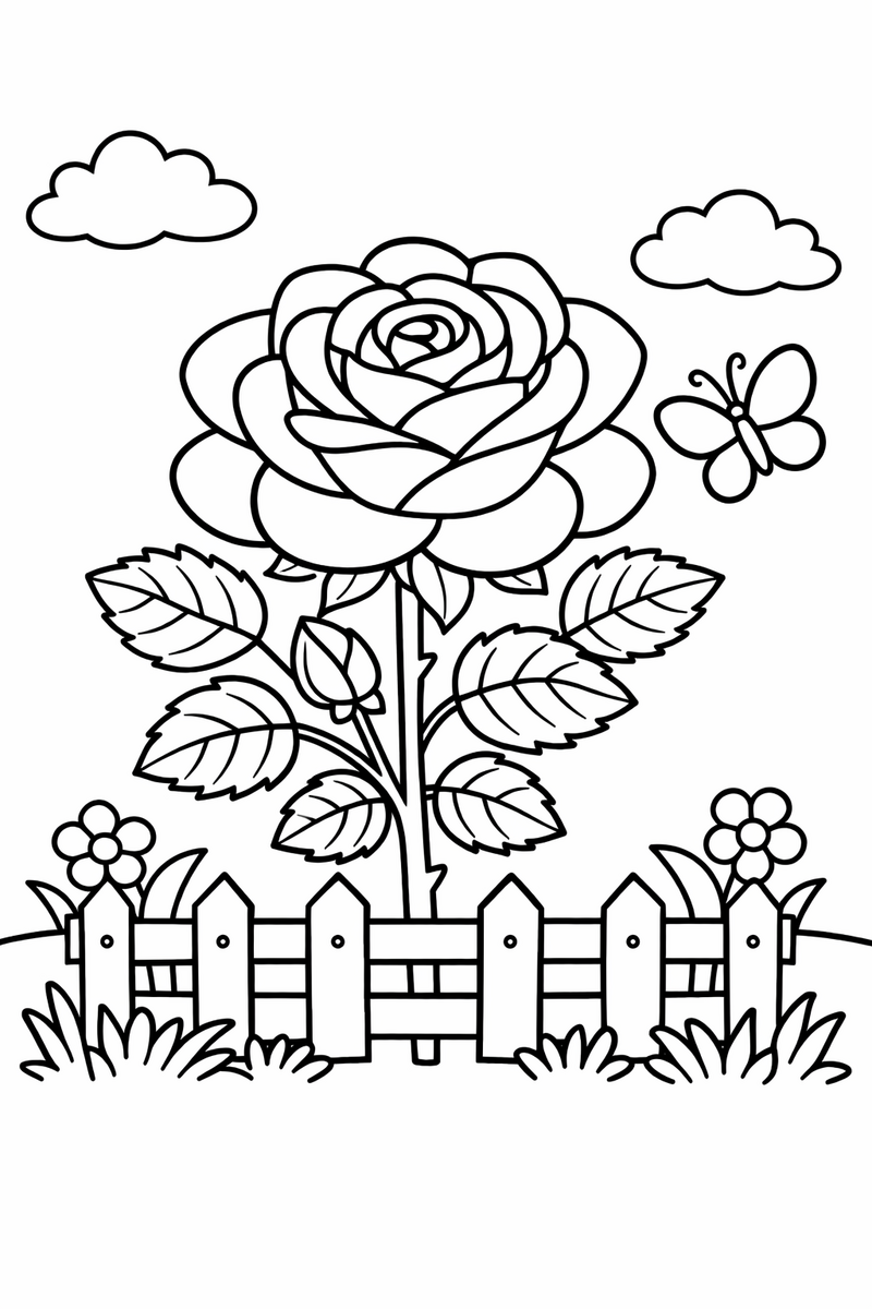 A blooming rose with layered petals on a stem with leaves, in a garden with a small picket fence and a butterfly coloring page