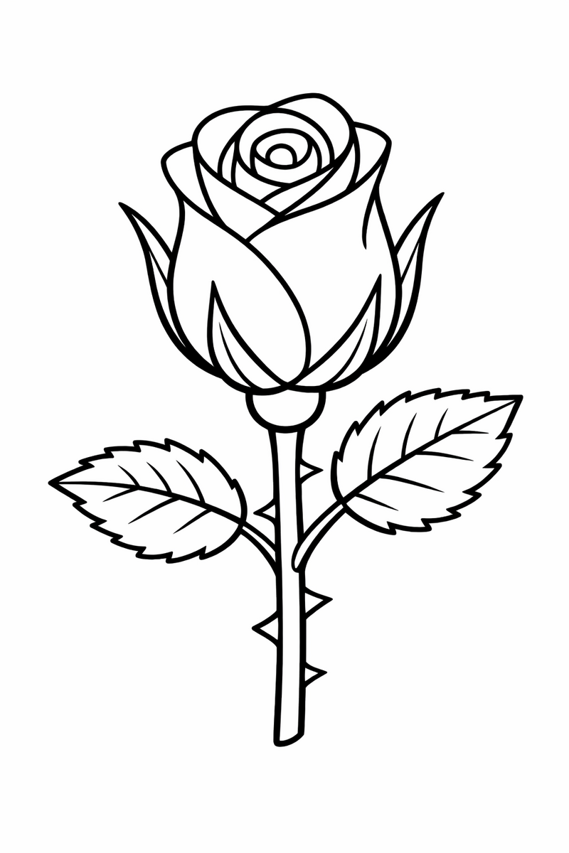 A single rosebud half-open on a thorned stem with tight spiral petals cupped by pointed sepals coloring page
