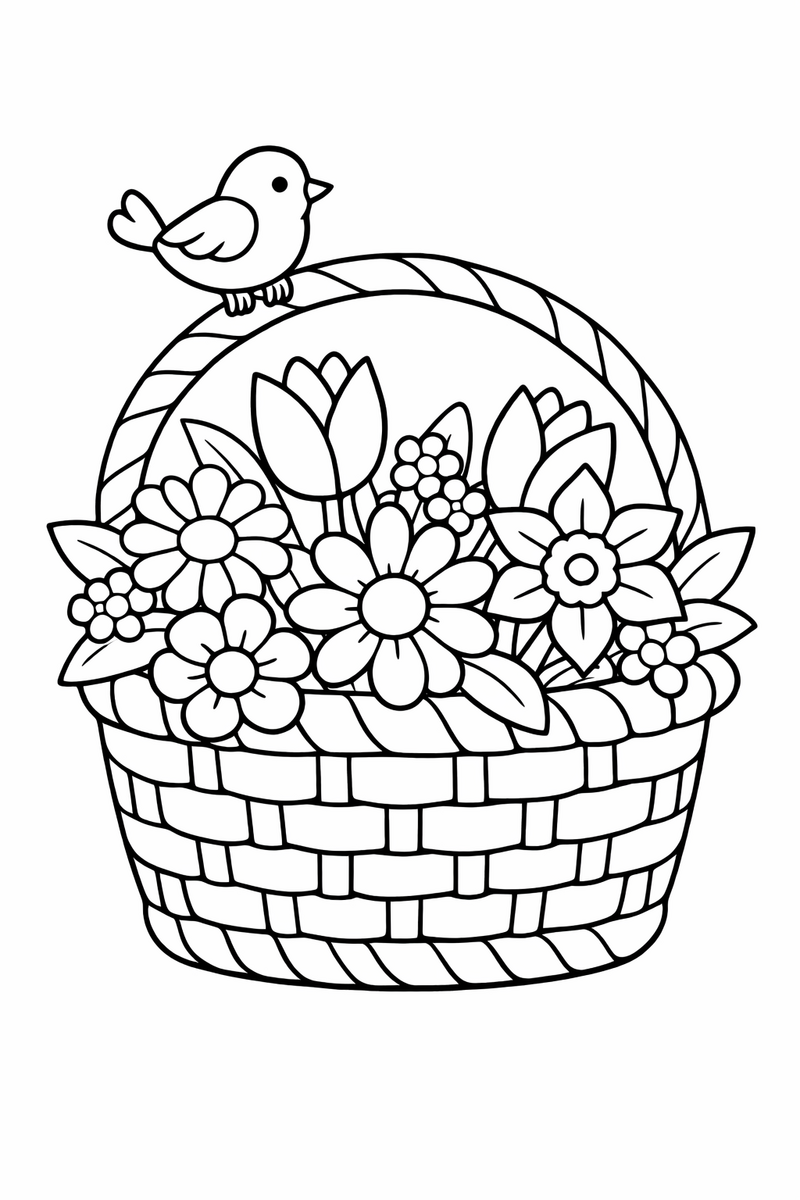 A woven basket filled with spring flowers, with a little bird perched on the curved handle coloring page