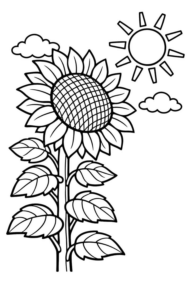A towering sunflower on a thick leafy stalk turning its seeded face and broad petals toward the sun coloring page