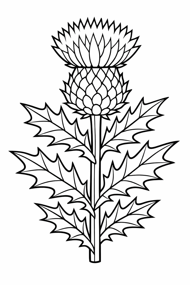 A tall Scottish thistle with a spiky rounded flower head above a scaled bulb, its spines and finely striped leaves drawn in clean detail coloring page
