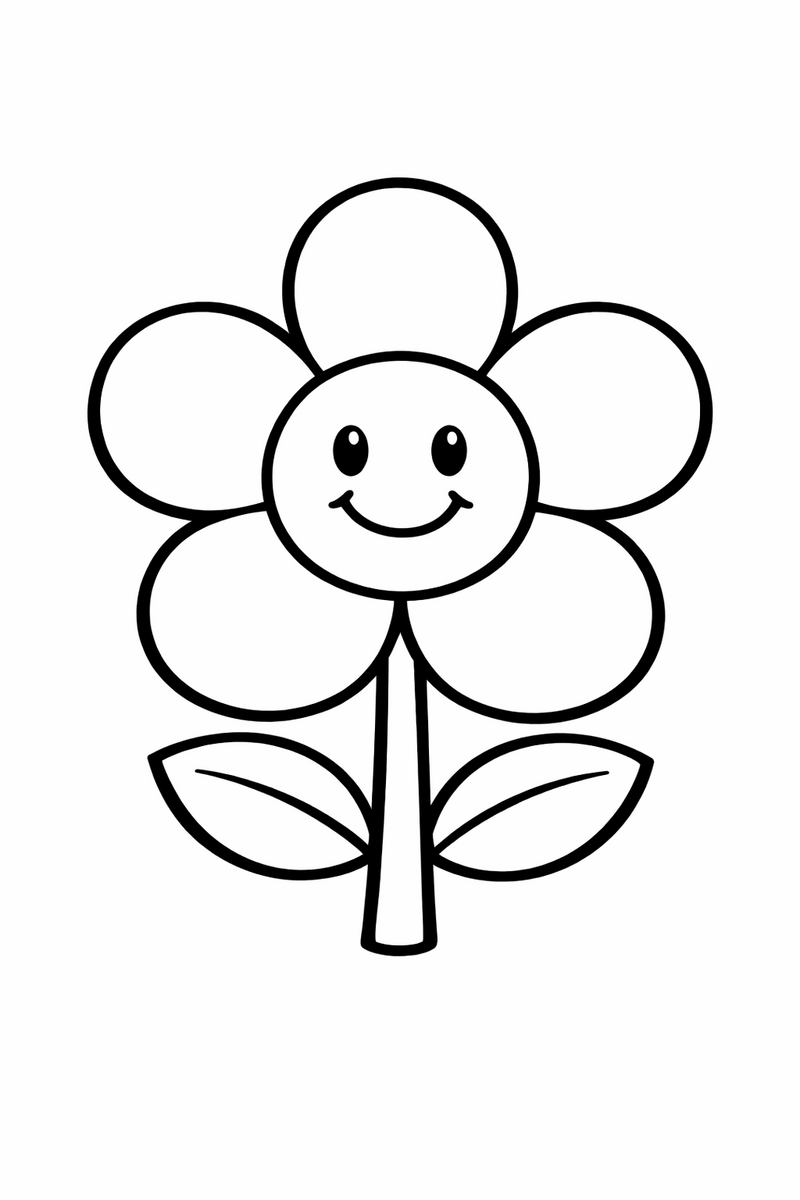 A big chunky flower with five round petals and a smiling center on a short stem with bold easy lines coloring page