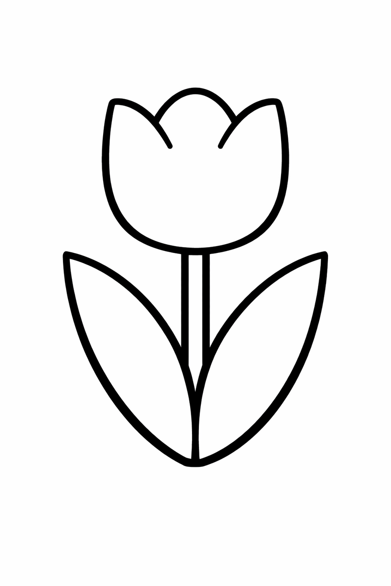 A very simple tulip with extra thick lines showing one round cup and two leaves for toddlers coloring page