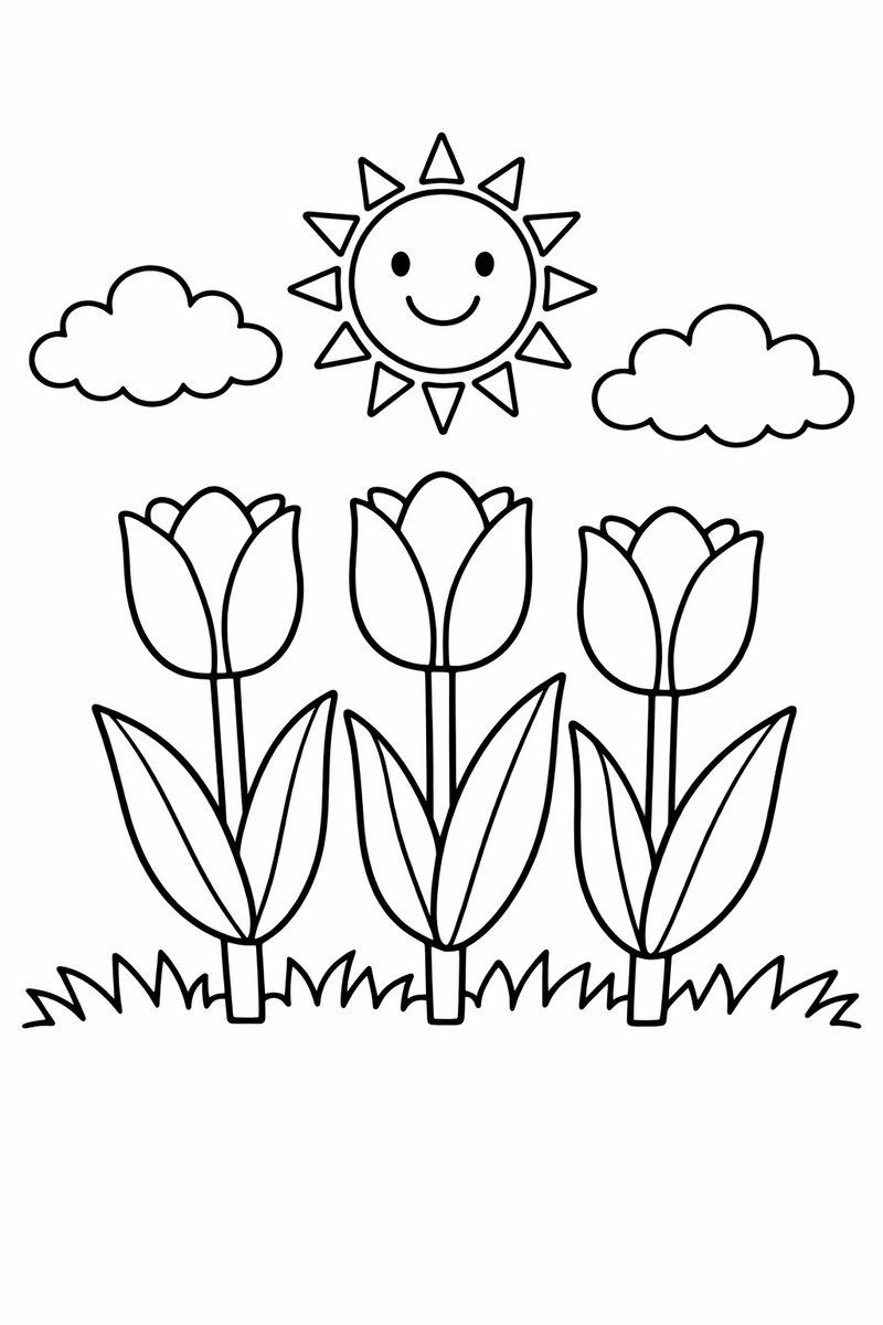 Three tall tulips with broad leaves standing in the grass under a smiling sun and fluffy clouds coloring page