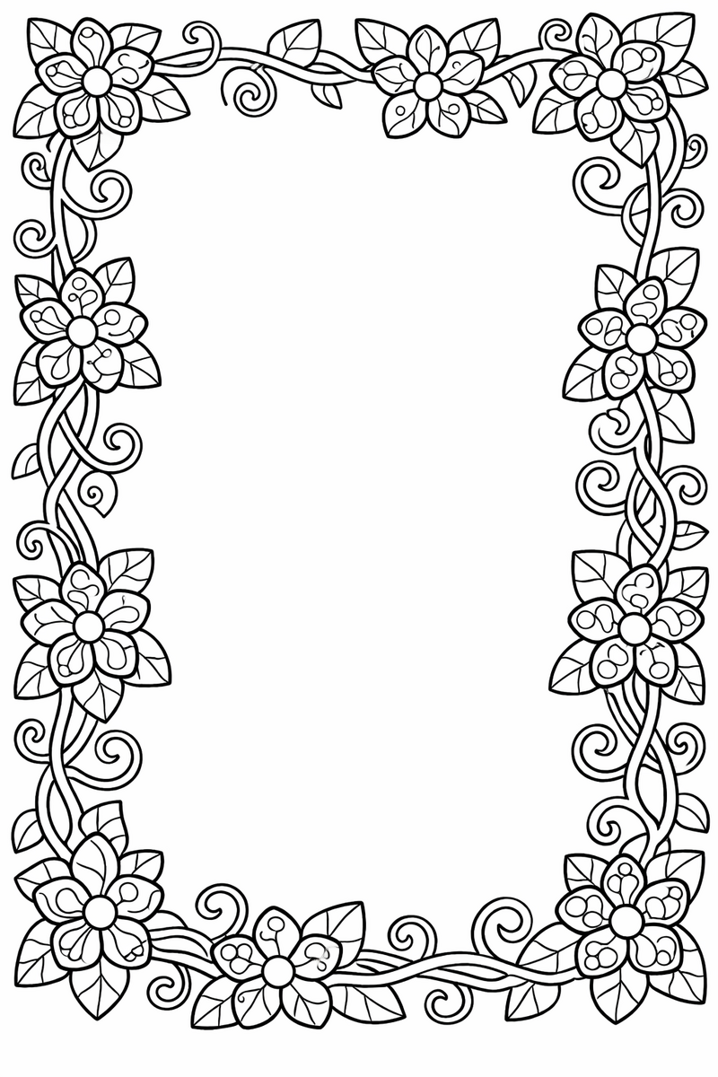 A climbing vine with patterned petals and curling tendrils framing all four edges of the page around a large open blank center coloring page