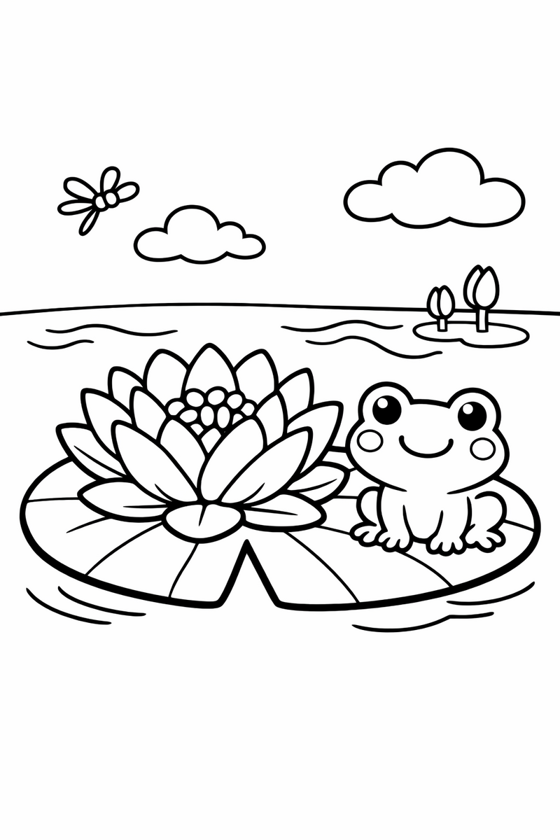 A water lily flower blooming on a big lily pad in a calm pond, with a small smiling frog sitting beside it coloring page